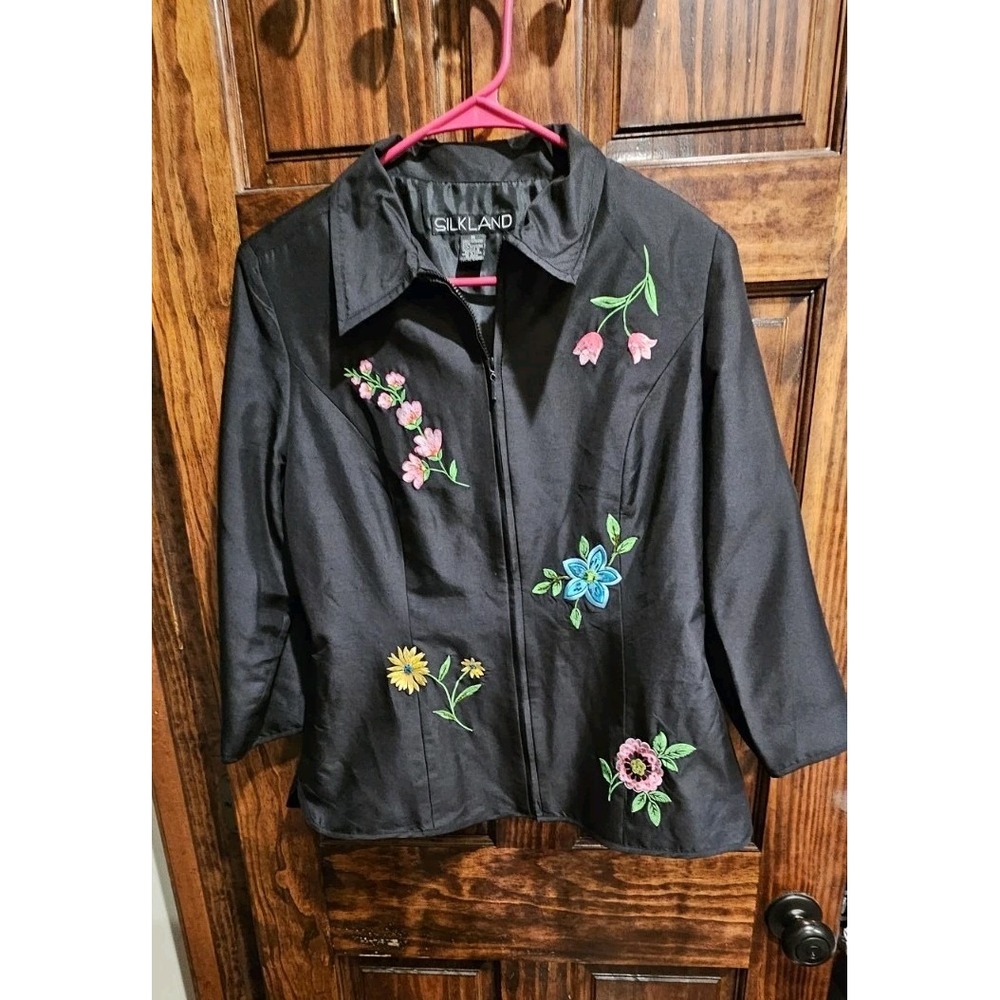 Silkland Women Black 100% Silk Full Zip Embroidered Floral Blouse Nature Motif M
